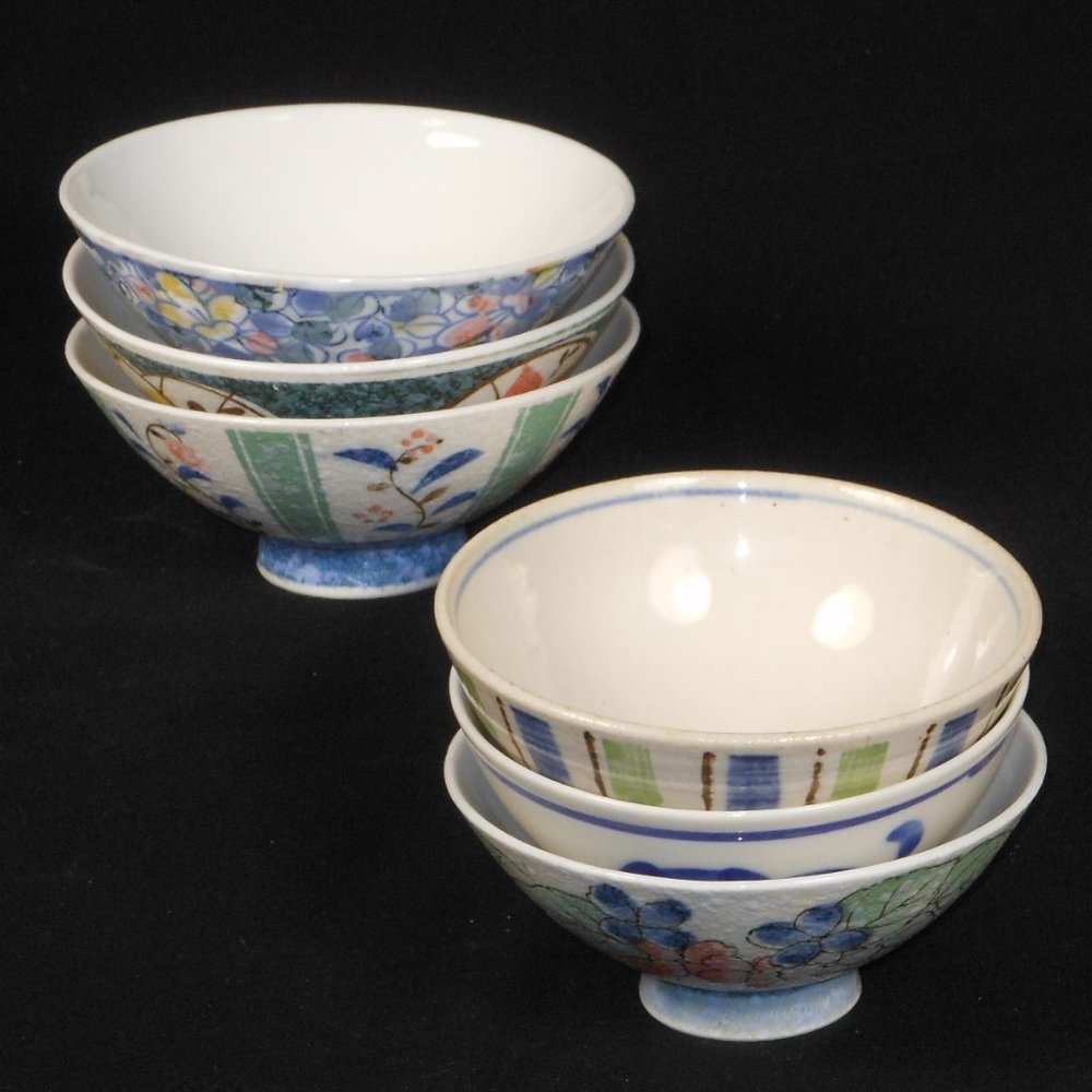 6 Japanese colorful porcelain footed rice bowls